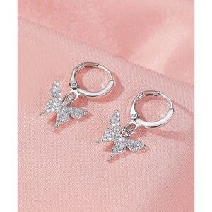 Silver Rinestone Butterfly Drop Earrings Dainty Dangle Pendant Secure Back New